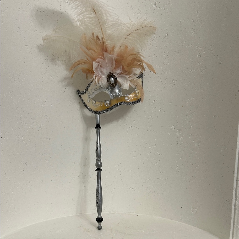 Venezia Peach and Cream Feather Handheld Masquerade Mask with Silver Handle
